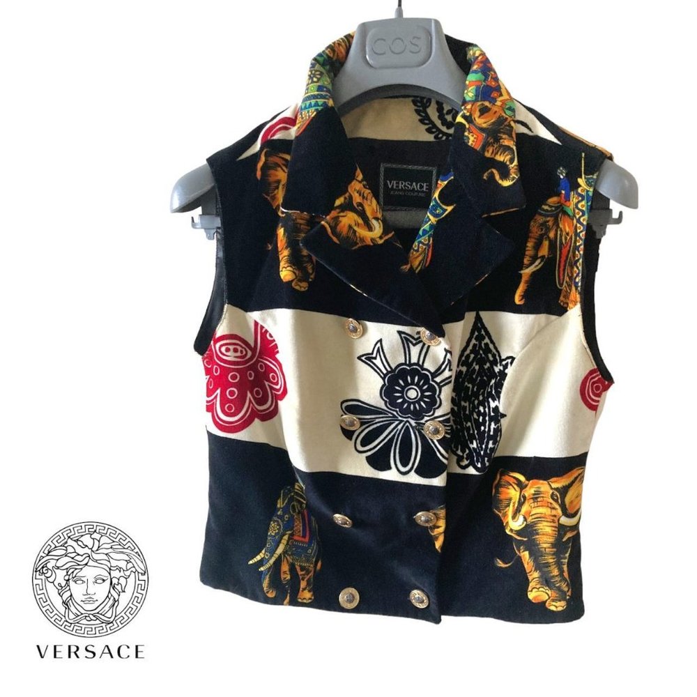 versace jeans couture elephant striped all over print archival button up vest